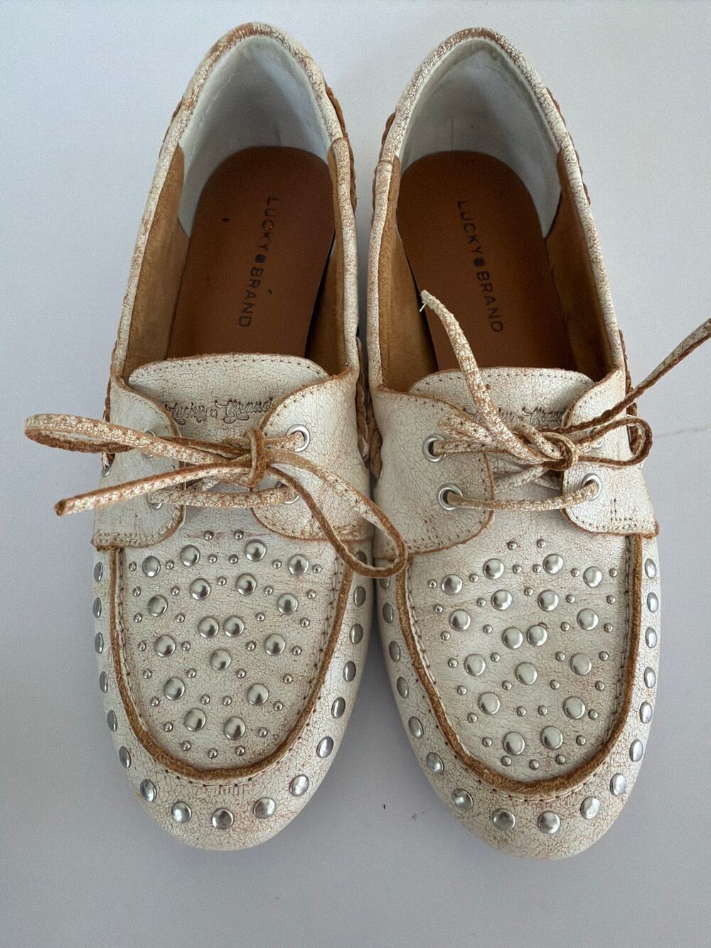 Y2K Lucky Brand Boho Studded Leather Loafers 7.5 Western Coastal Cowgirl Boho